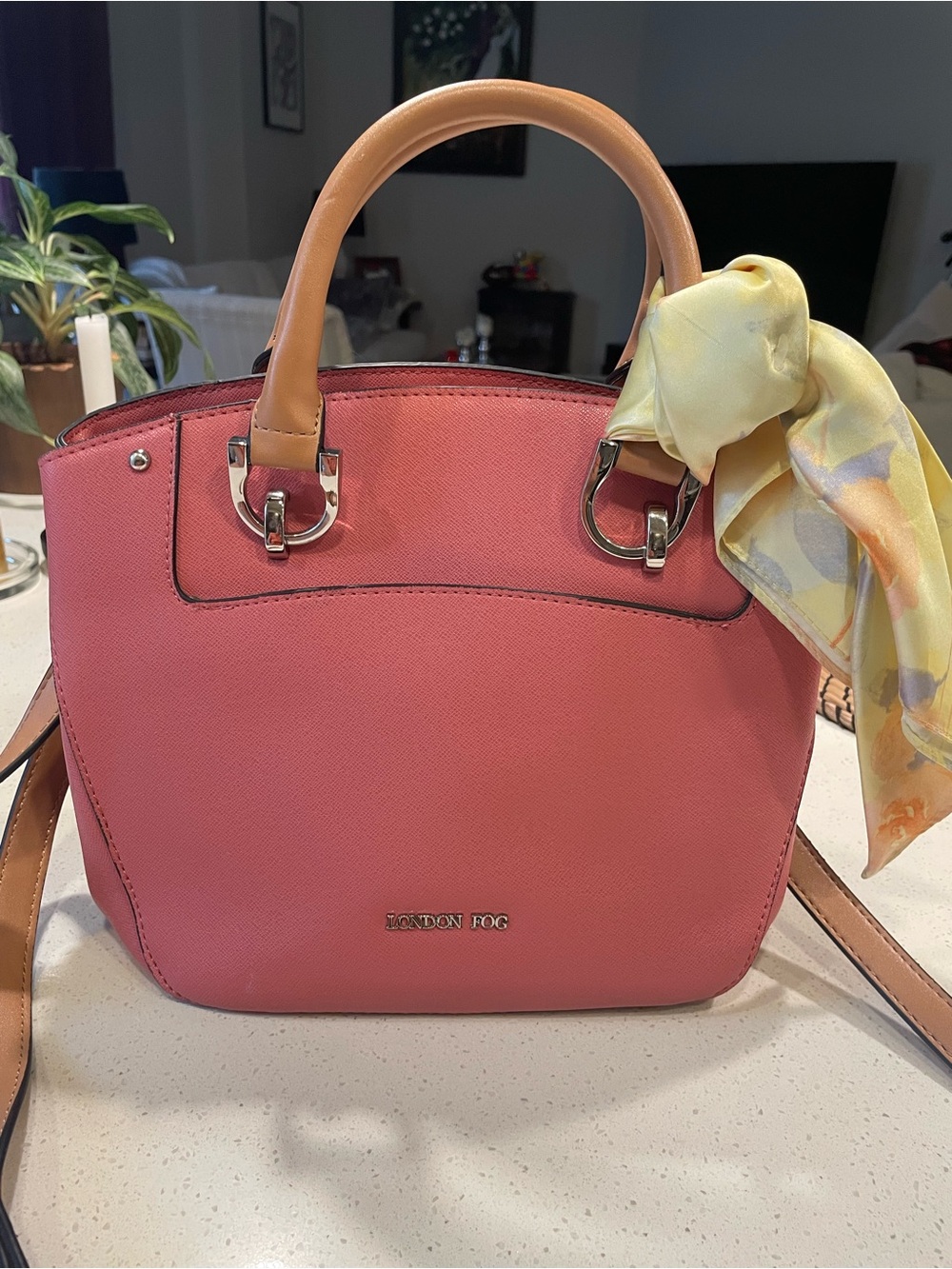 London Fog Coral Pink Satchel with Tan Handles and Scarf Accent